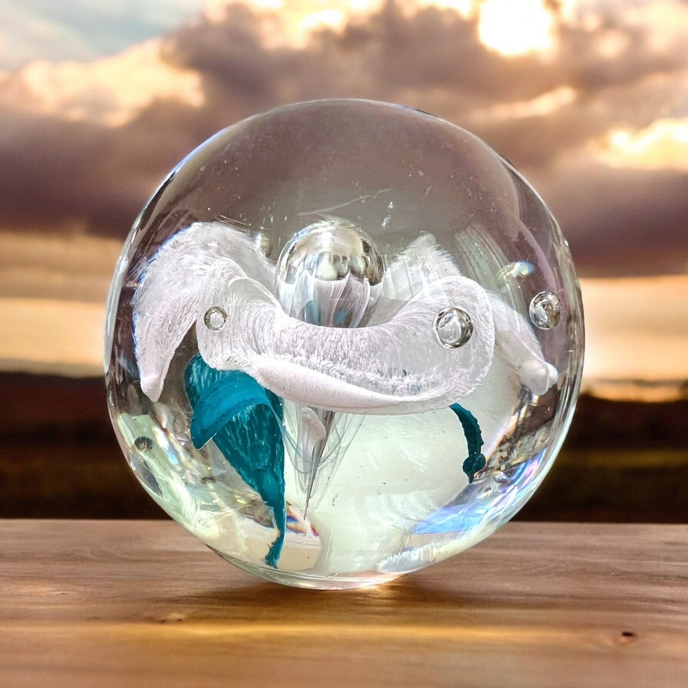 Vintage Art Glass Blue & White Lilly Paperweight Clear Controlled Bubble